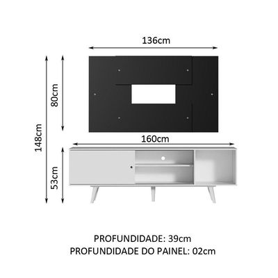 Rack Dubai com Pés e Painel até 58" Branco/preto Madesa