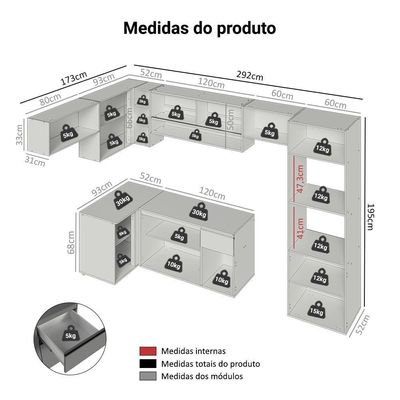 Armário De Cozinha Completa De Canto Suspenso 465cm Nice Madesa 06 Cinza