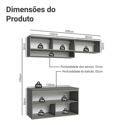 Armário De Cozinha Compacta Suspenso 200cm Nice Madesa XA07 Cinza