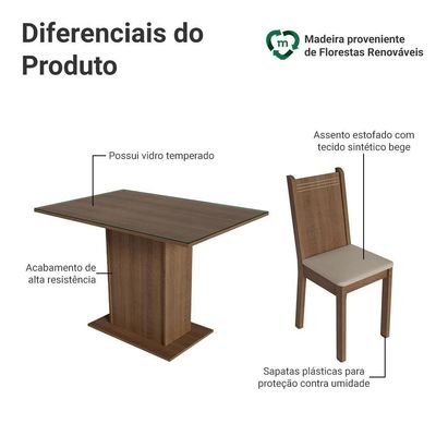 Conjunto Sala De Jantar Mesa Tampo De Vidro 4 Cadeiras Rustic/bege Camélia Madesa