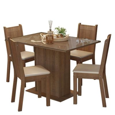 Conjunto Sala De Jantar Mesa Tampo De Vidro 4 Cadeiras Rustic/bege Camélia Madesa