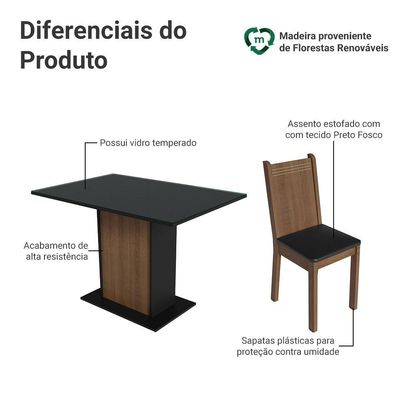 Conjunto Sala De Jantar Mesa Tampo De Vidro 4 Cadeiras Preto/rustic Camélia Madesa