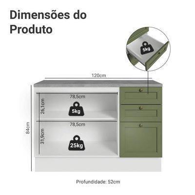 Balcão De Cozinha 120 Cm 2 Portas 3 Gavetas Branco/verde Vik Madesa Branco/verde