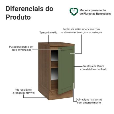 Balcão De Cozinha 40 Cm 1 Porta Rustic/verde Vik Madesa Rustic/verde
