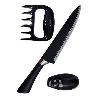 Kit Para Churrasco 3 Peças Faca Garra Amolador - Preto