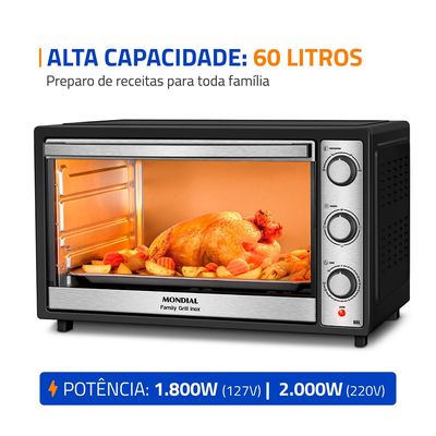 Forno Elétrico 60L Family Grill Inox Mondial Preto/Inox 1800W - FRN-60-BI 127V