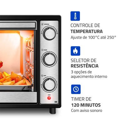 Forno Elétrico 60L Family Grill Inox Mondial Preto/Inox 1800W - FRN-60-BI 127V