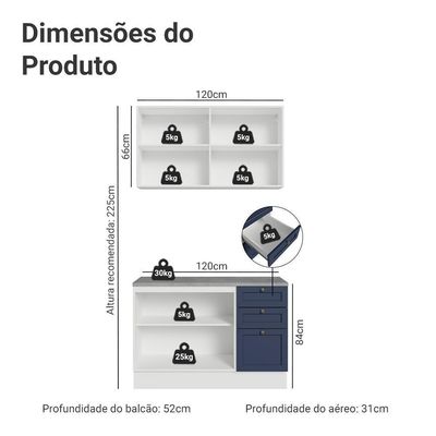 Armário De Cozinha Compacta 120 Cm Branco/azul Vik Madesa 01 Branco/azul