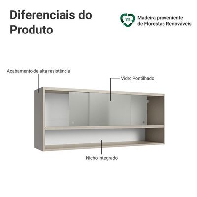 Armário Aéreo 2 Portas De Correr De Vidro Pontilhado E 1 Nicho Nice Madesa Crema