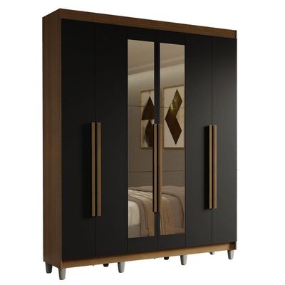 Guarda-roupa Casal Com Pés 6 Portas Batentes Com Espelho Rustic-preto-rustic Saturno Madesa