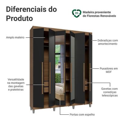 Guarda-roupa Casal Com Pés 6 Portas Batentes Com Espelho Rustic-preto-rustic Saturno Madesa