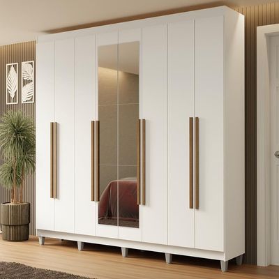 Guarda-roupa Casal Com Pés 8 Portas Batentes Com Espelho Branco-branco-rustic Netuno Madesa