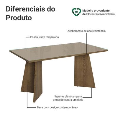 Mesa De Jantar Retangular Tampo De Vidro 5389 Rustic-crema Madesa