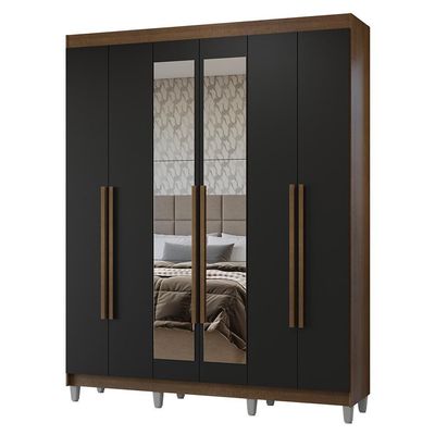 Guarda-roupa Casal Com Pés 6 Portas Batentes Com Espelho Rustic-preto-rustic Netuno Madesa