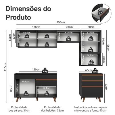 Armário De Cozinha Completa 250cm Preto Reims Madesa 07 Preto