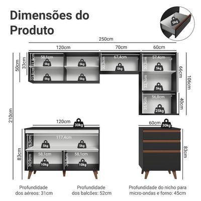 Armário De Cozinha Completa 250cm Preto Reims Madesa 08 Preto