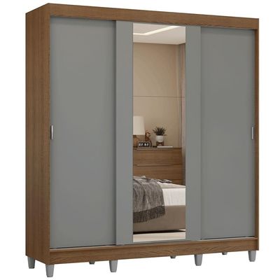 Guarda-roupa Casal Com Pés 3 Portas De Correr Com Espelho Rustic Cinza Reno Madesa