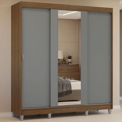 Guarda-roupa Casal Com Pés 3 Portas De Correr Com Espelho Rustic Cinza Reno Madesa