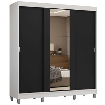 Guarda-roupa Casal Com Pés 3 Portas De Correr Com Espelho Branco Preto Reno Madesa