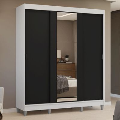 Guarda-roupa Casal Com Pés 3 Portas De Correr Com Espelho Branco Preto Reno Madesa