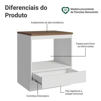 Balcão Para Forno/micro-ondas 70 Cm 1 Gaveta Branco Tampo Rustic Madesa Branco/rustic