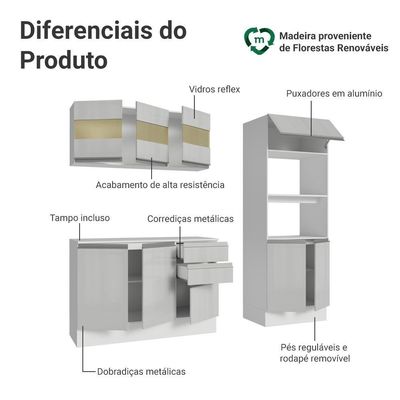 Armário De Cozinha Completa 100% Mdf 190cm Smart Branco Brilhante Madesa 01 Branco