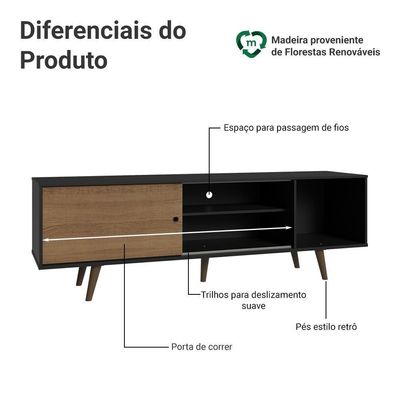 Rack Para Tv Até 80 Polegadas 160cm Preto/rustic Com Pés Rustic Torino Madesa Preto/rustic