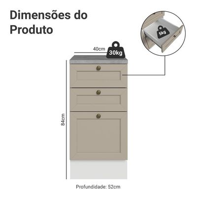 Balcão De Cozinha 40 Cm 3 Gavetas Branco-crema Vik Madesa Branco-crema