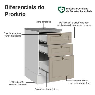 Balcão De Cozinha 40 Cm 3 Gavetas Branco-crema Vik Madesa Branco-crema