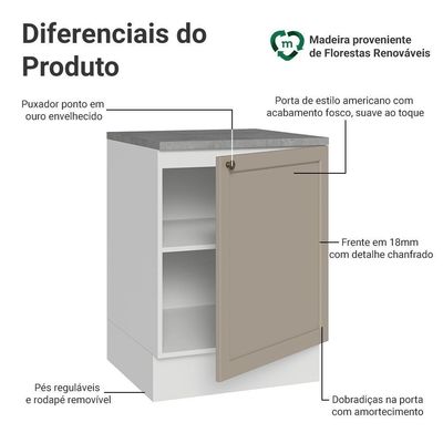 Balcão De Cozinha 60 Cm 1 Porta Branco-crema Vik Madesa Branco-crema