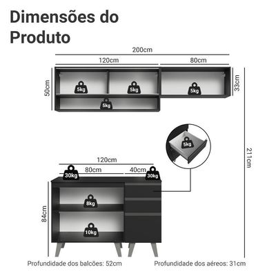 Armário De Cozinha Compacta 200cm Preto Nice Madesa 14 Preto