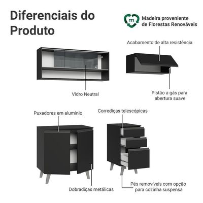 Armário De Cozinha Compacta 200cm Preto Nice Madesa 14 Preto