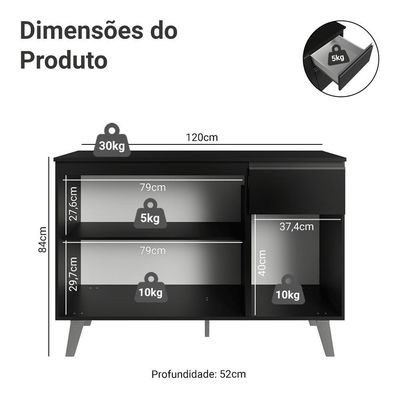 Balcão De Cozinha 120 Cm 3 Portas 1 Gaveta Com Pés Preto Nice Madesa Preto