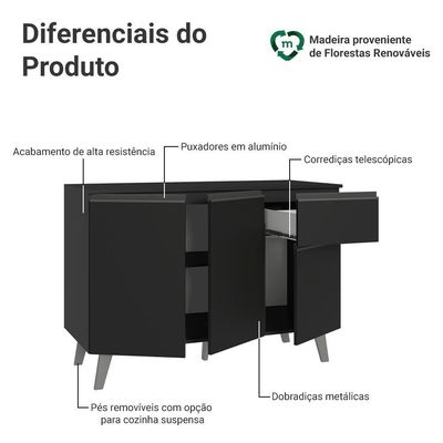 Balcão De Cozinha 120 Cm 3 Portas 1 Gaveta Com Pés Preto Nice Madesa Preto