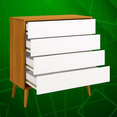 Comoda Gaveteira Elfe Retro 4 Gavetas Branco Fosco Com Savana - Moveisaqui
