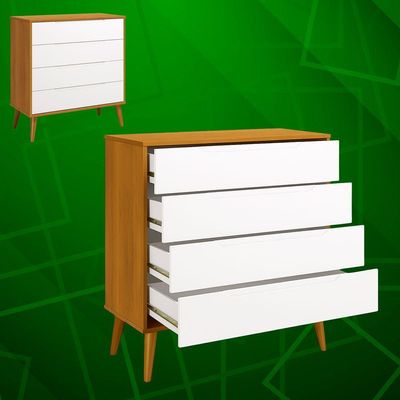 Comoda Gaveteira Elfe Retro 4 Gavetas Branco Fosco Com Savana - Moveisaqui