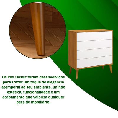 Comoda Gaveteira Elfe Retro 4 Gavetas Branco Fosco Com Savana - Moveisaqui
