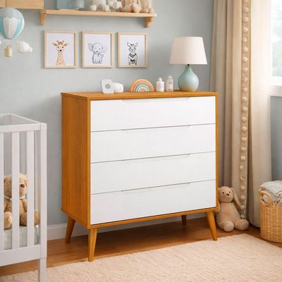 Comoda Gaveteira Elfe Retro 4 Gavetas Branco Fosco Com Savana - Moveisaqui