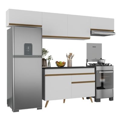 Armário Cozinha Modulada Compacta 260cm Com Balcão Veneza Multimóveis Mp3766 Branco/dourado