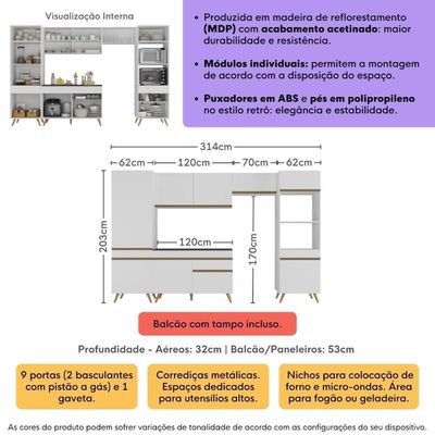 Armário Cozinha Modulada Completa 314cm Com Balcão Veneza Multimóveis Mp3756 Branco/dourado