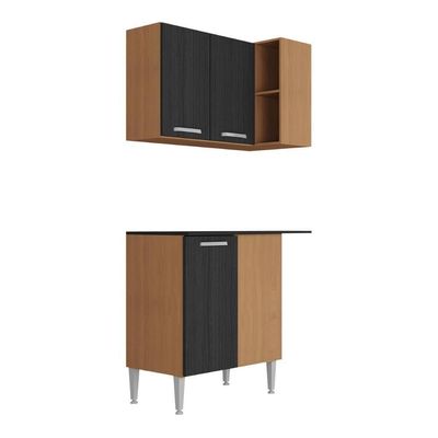 Kit Armário De Cozinha Aéreo Canto Com Balcão 90cm 3 Portas Pequim Multimóveis Mp2381 Madeirado/preto