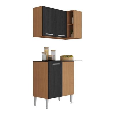 Kit Armário De Cozinha Aéreo Canto Com Balcão 90cm 3 Portas Pequim Multimóveis Mp2381 Madeirado/preto