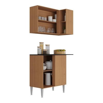 Kit Armário De Cozinha Aéreo Canto Com Balcão 90cm 3 Portas Pequim Multimóveis Mp2381 Madeirado/preto