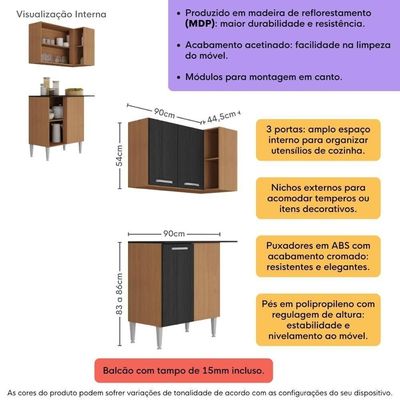 Kit Armário De Cozinha Aéreo Canto Com Balcão 90cm 3 Portas Pequim Multimóveis Mp2381 Madeirado/preto
