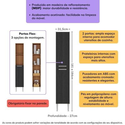 Paneleiro Armário De Cozinha 31,5cm 2 Portas Flex Pequim Multimóveis Mp2382 Madeirado/preto