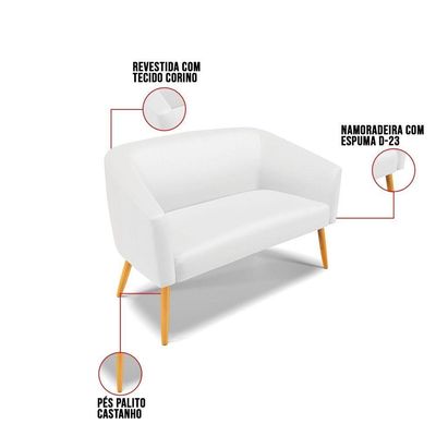 Kit 1 Namoradeira E 02 Poltronas Branco Pés Palito Castanho
