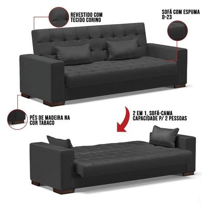 Sofá Cama 02 Lugares Corino Preto Pés De Madeira