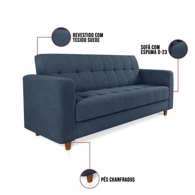 Sofá 03 Lugares Suede Azul Marinho Pés Chanfrado Castanho