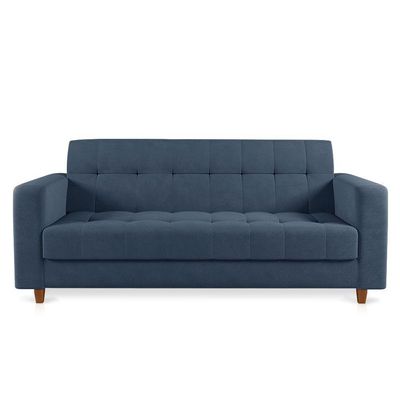 Sofá 03 Lugares Suede Azul Marinho Pés Chanfrado Castanho