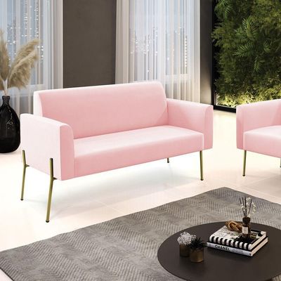 Sofá Namoradeira 2 Lugares Pé De Ferro Dourado Marisa Suede D03 Rosa Bebê
